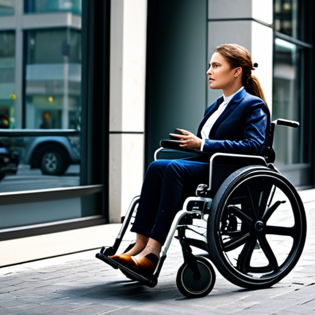보조기구의 혁신적 변화와 시장 전망 - **Prompt:** "A woman using a smart wheelchair in a modern urban environment, navigating obstacles wi...