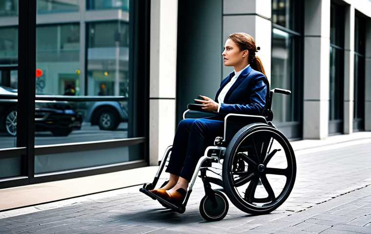 보조기구의 혁신적 변화와 시장 전망 - **Prompt:** "A woman using a smart wheelchair in a modern urban environment, navigating obstacles wi...
