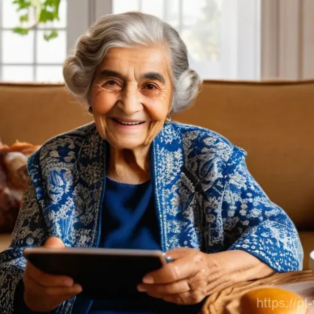 노인을 위한 혁신적인 커뮤니케이션 도구 - **Prompt:** A heartwarming scene featuring an elderly Portuguese grandmother, with kind eyes and a w...