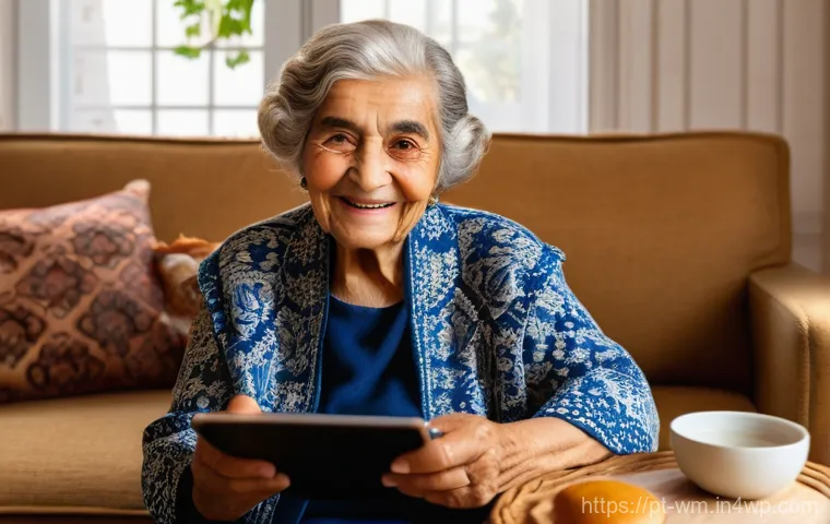 노인을 위한 혁신적인 커뮤니케이션 도구 - **Prompt:** A heartwarming scene featuring an elderly Portuguese grandmother, with kind eyes and a w...