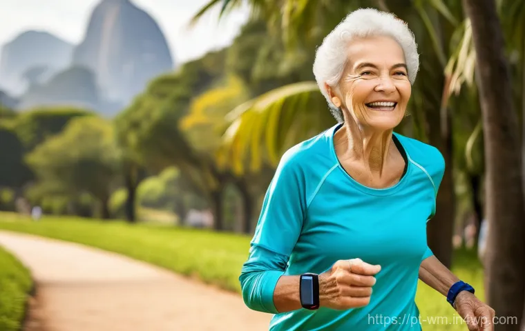 실버세대의 피트니스 기기 사용 현황 - **Prompt 1: Active Seniors with Smartwatches in a Brazilian Park**
"A vibrant, fit elderly Brazi...