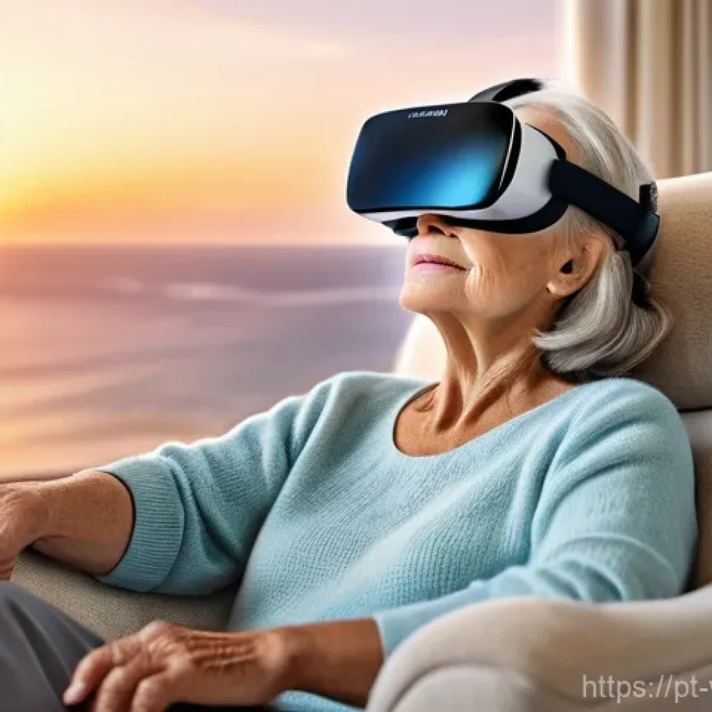 실버세대를 위한 가상 현실 VR 활용 방안 - **Prompt:** A serene elderly woman, with soft, gentle wrinkles around her eyes, is comfortably seate...