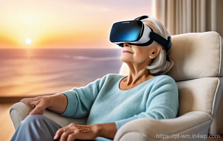 실버세대를 위한 가상 현실 VR 활용 방안 - **Prompt:** A serene elderly woman, with soft, gentle wrinkles around her eyes, is comfortably seate...