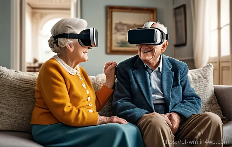 실버세대를 위한 가상 현실 VR  활용 방안 - **Prompt:** A lively elderly man, with spectacles pushed up onto his forehead, is standing in a spac...