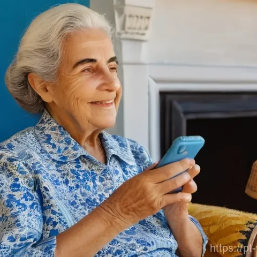 고령자 디지털 기기 사용 장벽 및 해결 방안 - **Prompt:** An elderly Portuguese woman, in her late 70s, with kind eyes and a gentle smile, sits co...