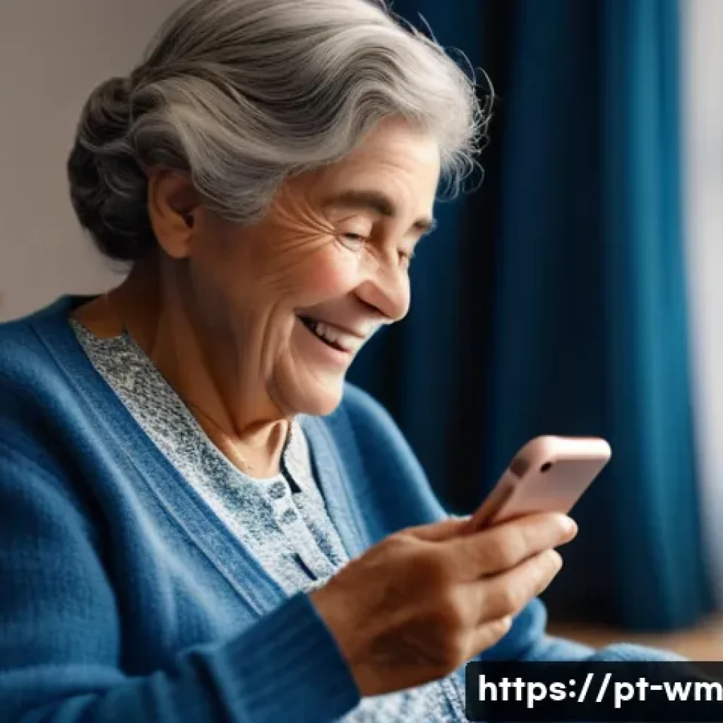 노인 복지와 실버테크의 연계 방안 - A heartwarming scene of an elderly Portuguese woman, in her 70s, with a warm, gentle smile, comforta...