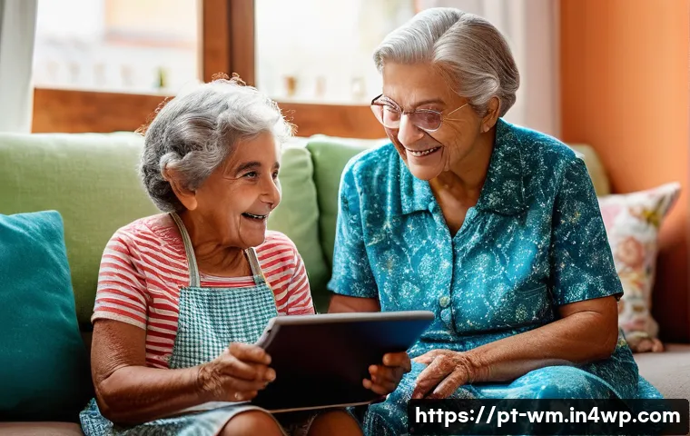 실버세대의 디지털 기술 수용성 분석 - **Prompt 1: Intergenerational Learning and Joy**
A warm, brightly lit indoor scene in a cozy Por...