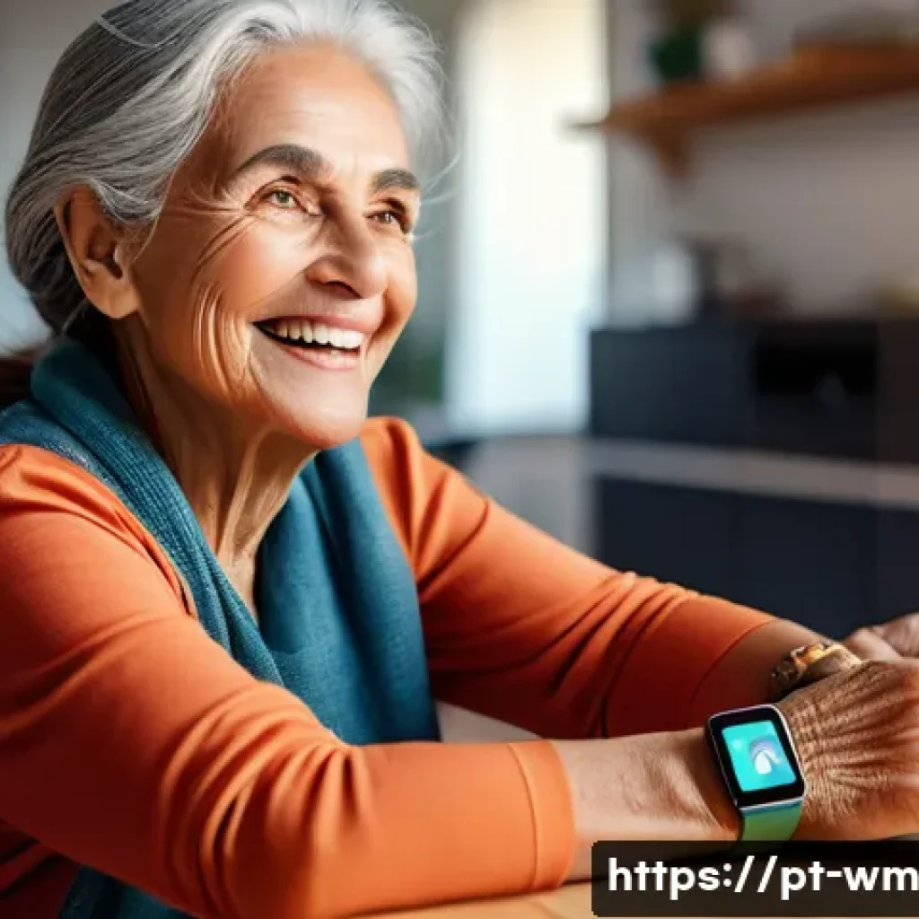 노인 친화적인 스마트 장치 개발 동향 - A cheerful elderly Brazilian woman wearing a lightweight, adjustable smartwatch with a large, clear ...