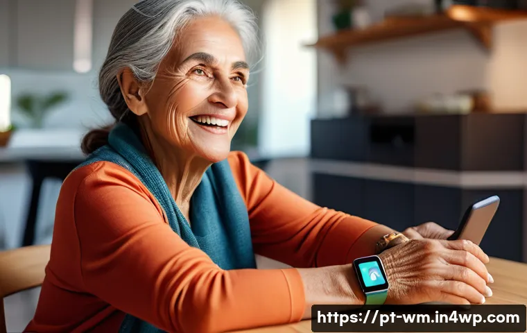 노인 친화적인 스마트 장치 개발 동향 - A cheerful elderly Brazilian woman wearing a lightweight, adjustable smartwatch with a large, clear ...