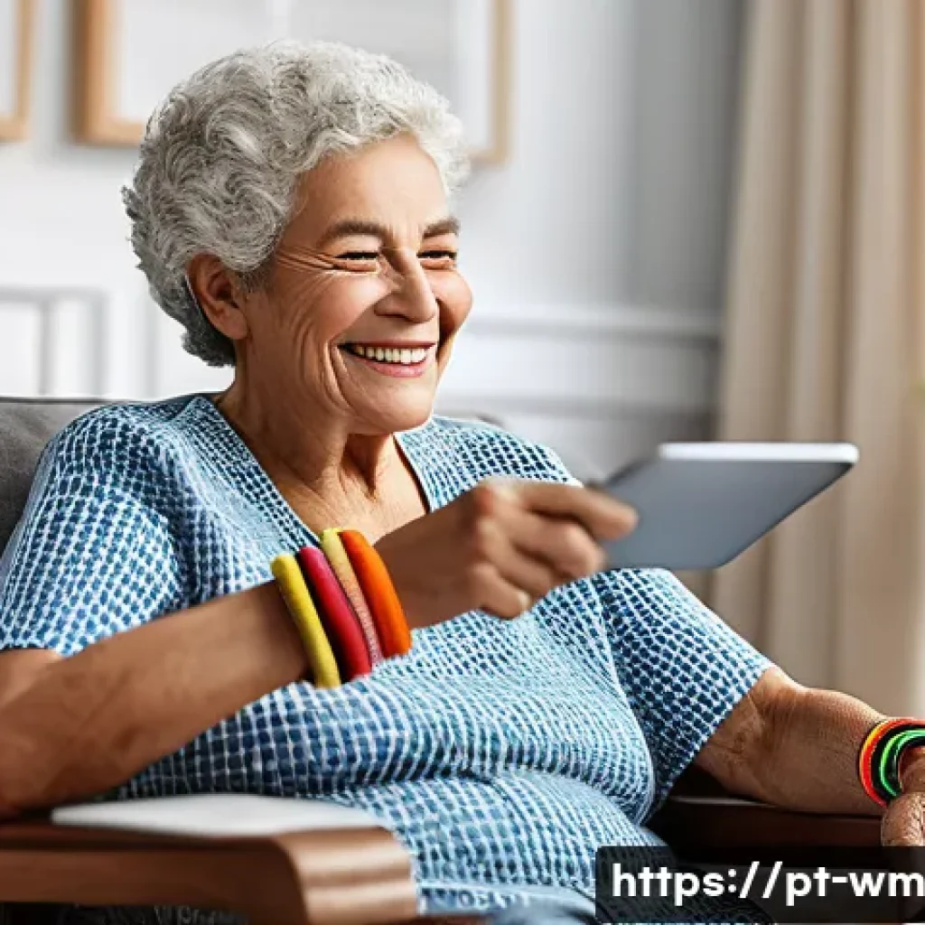 실버테크 분야의 창업 기회와 도전 - A warm, inviting living room scene featuring an elderly Brazilian woman wearing a modern, sleek smar...