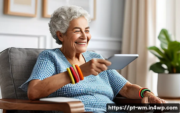 실버테크 분야의 창업 기회와 도전 - A warm, inviting living room scene featuring an elderly Brazilian woman wearing a modern, sleek smar...