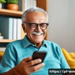 Home 22 노인을 위한 스마트 기기 사용 안전 가이드 - A cheerful elderly Brazilian man using a large-screen smartphone with an accessibility-friendly inte...