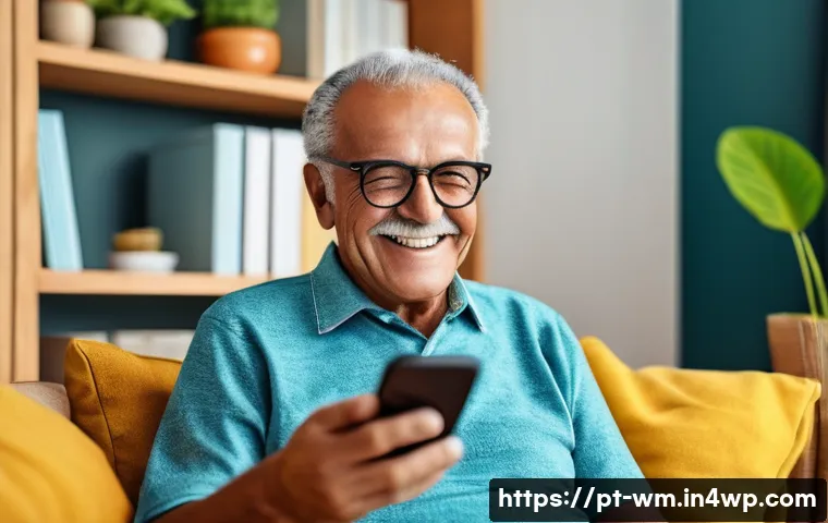 노인을 위한 스마트 기기 사용 안전 가이드 - A cheerful elderly Brazilian man using a large-screen smartphone with an accessibility-friendly inte...