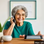 Home 21 실버세대를 위한 기술 혁신의 필요성 - A cozy Brazilian living room scene featuring an elderly Brazilian woman wearing casual, modest cloth...