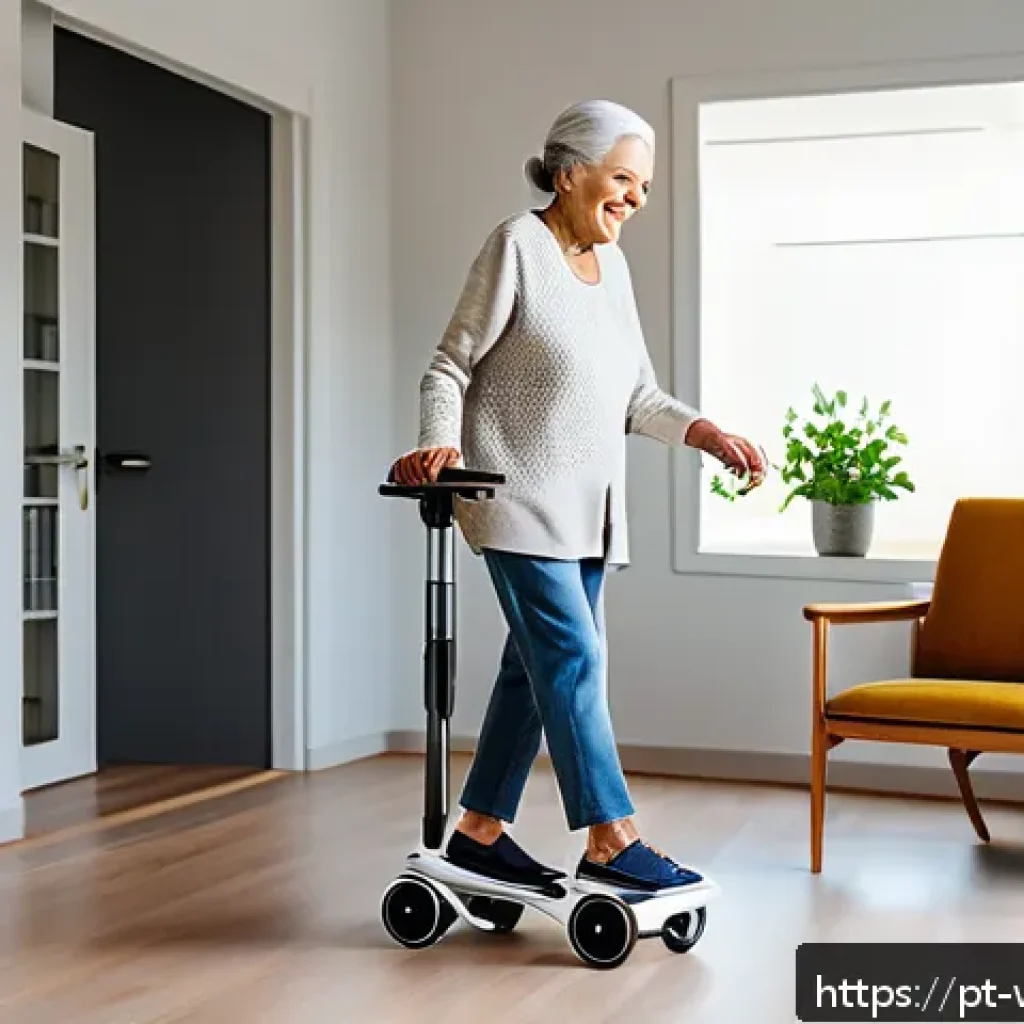 노인을 위한 로봇 기술의 미래 - An elderly Brazilian woman using a smart robotic walker with obstacle sensors in a bright, modern ho...