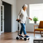 Home 20 노인을 위한 로봇 기술의 미래 - An elderly Brazilian woman using a smart robotic walker with obstacle sensors in a bright, modern ho...