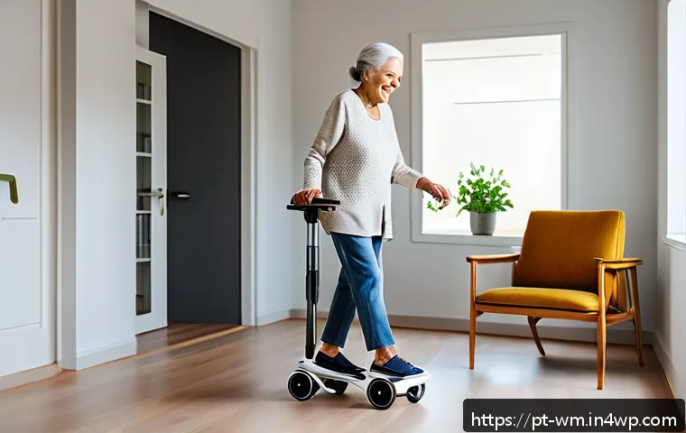 노인을 위한 로봇 기술의 미래 - An elderly Brazilian woman using a smart robotic walker with obstacle sensors in a bright, modern ho...