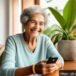 Home 19 노인을 위한 다양한 실버테크 제품 비교 - A cozy living room scene featuring an elderly Brazilian woman wearing comfortable casual clothing an...