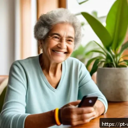 Home 31 노인을 위한 다양한 실버테크 제품 비교 - A cozy living room scene featuring an elderly Brazilian woman wearing comfortable casual clothing an...