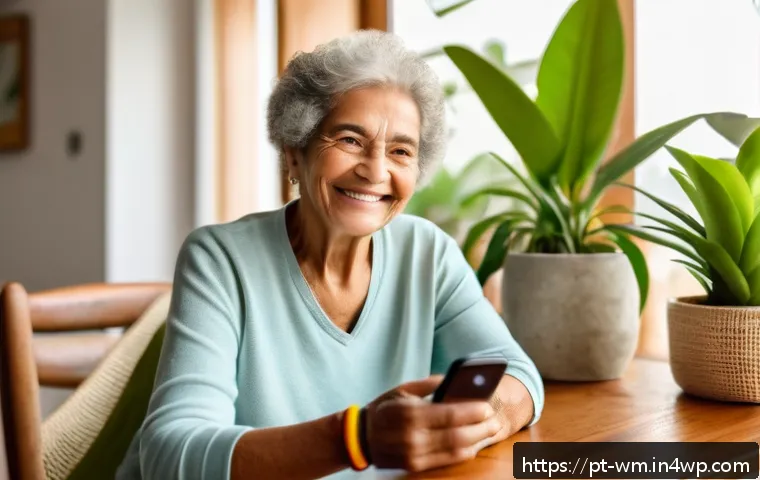 노인을 위한 다양한 실버테크 제품 비교 - A cozy living room scene featuring an elderly Brazilian woman wearing comfortable casual clothing an...