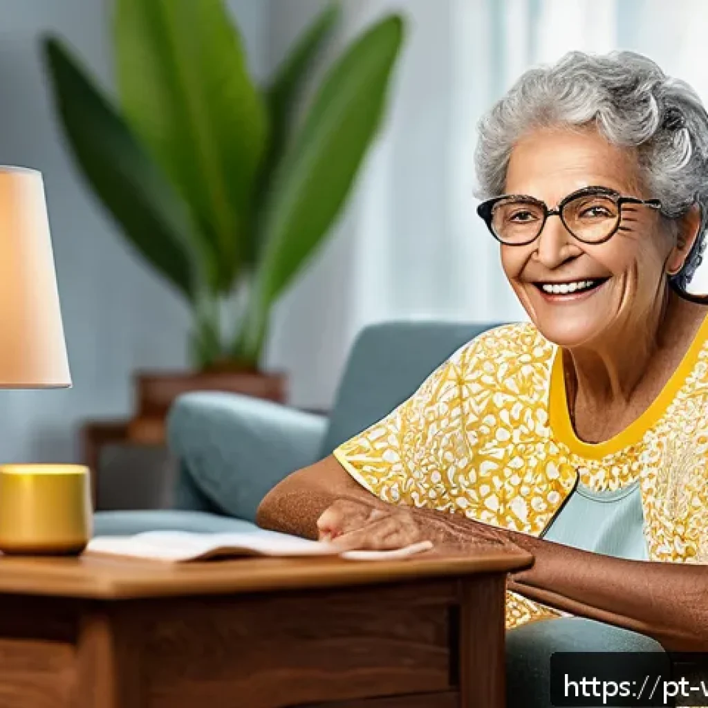 노인을 위한 생활 지원 서비스와 실버테크의 연계 - A cozy Brazilian living room scene featuring an elderly woman using a voice-activated smart assistan...
