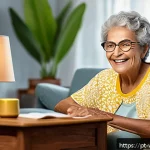 Home 18 노인을 위한 생활 지원 서비스와 실버테크의 연계 - A cozy Brazilian living room scene featuring an elderly woman using a voice-activated smart assistan...