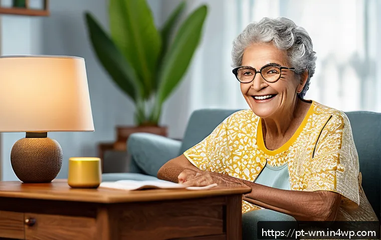 노인을 위한 생활 지원 서비스와 실버테크의 연계 - A cozy Brazilian living room scene featuring an elderly woman using a voice-activated smart assistan...