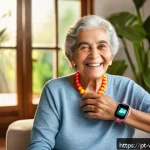 Home 23 실버테크와 노인의 삶의 질 향상 - A cheerful elderly Brazilian woman wearing a smart fitness wristband and a smartwatch, both displayi...