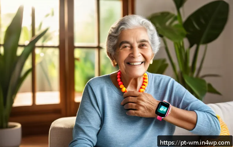 실버테크와 노인의 삶의 질 향상 - A cheerful elderly Brazilian woman wearing a smart fitness wristband and a smartwatch, both displayi...