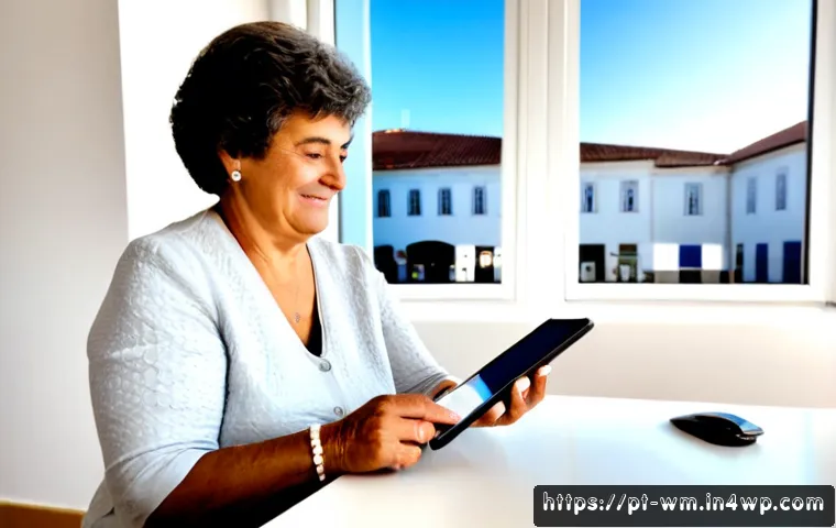 Home 17 실버테크 혁신을 위한 정부의 지원 정책 - Photorealistic bright municipal innovation center in Portugal, an older Portuguese woman using a sim...